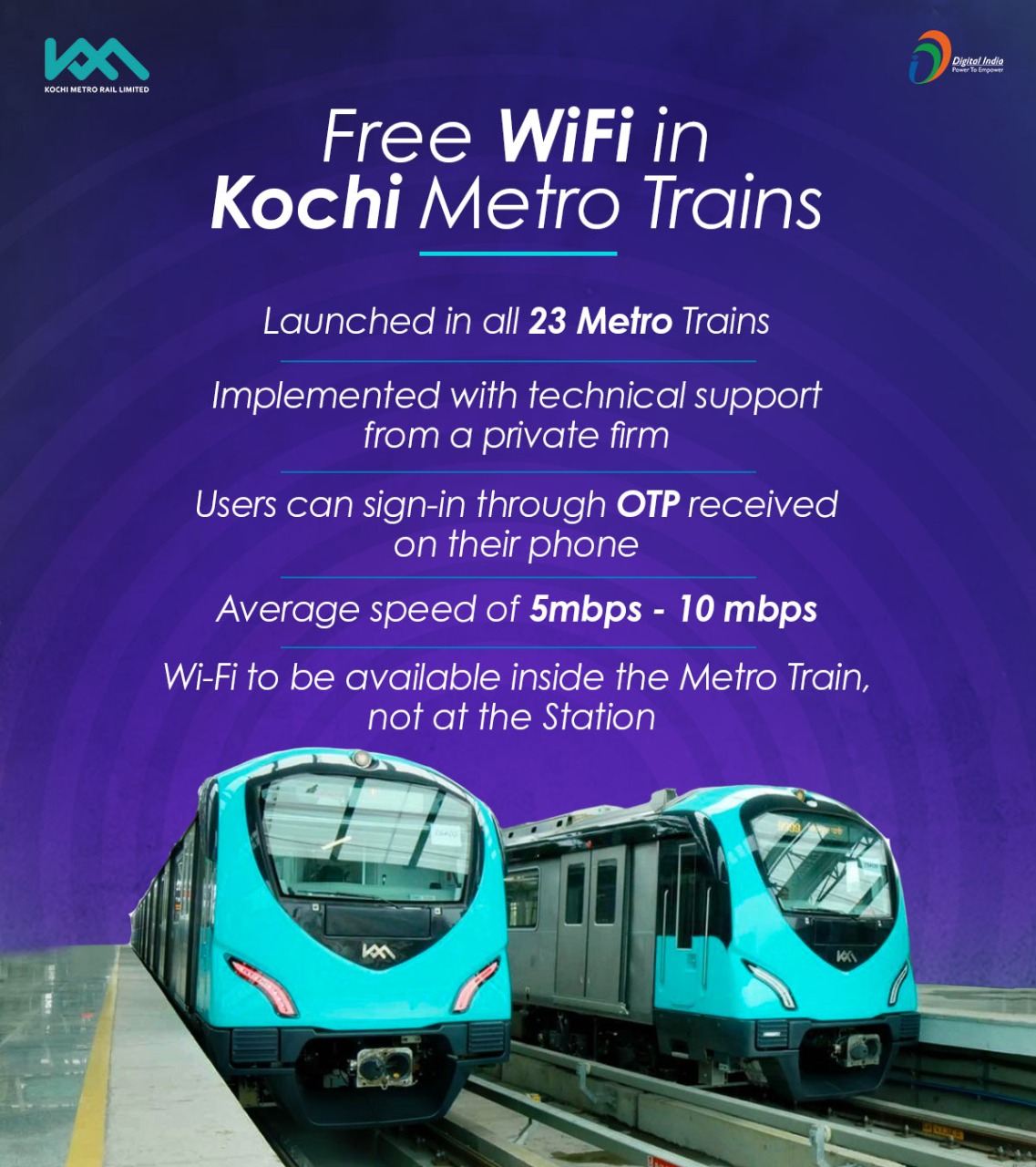 Free Wi-Fi in Kochi Metro Trains