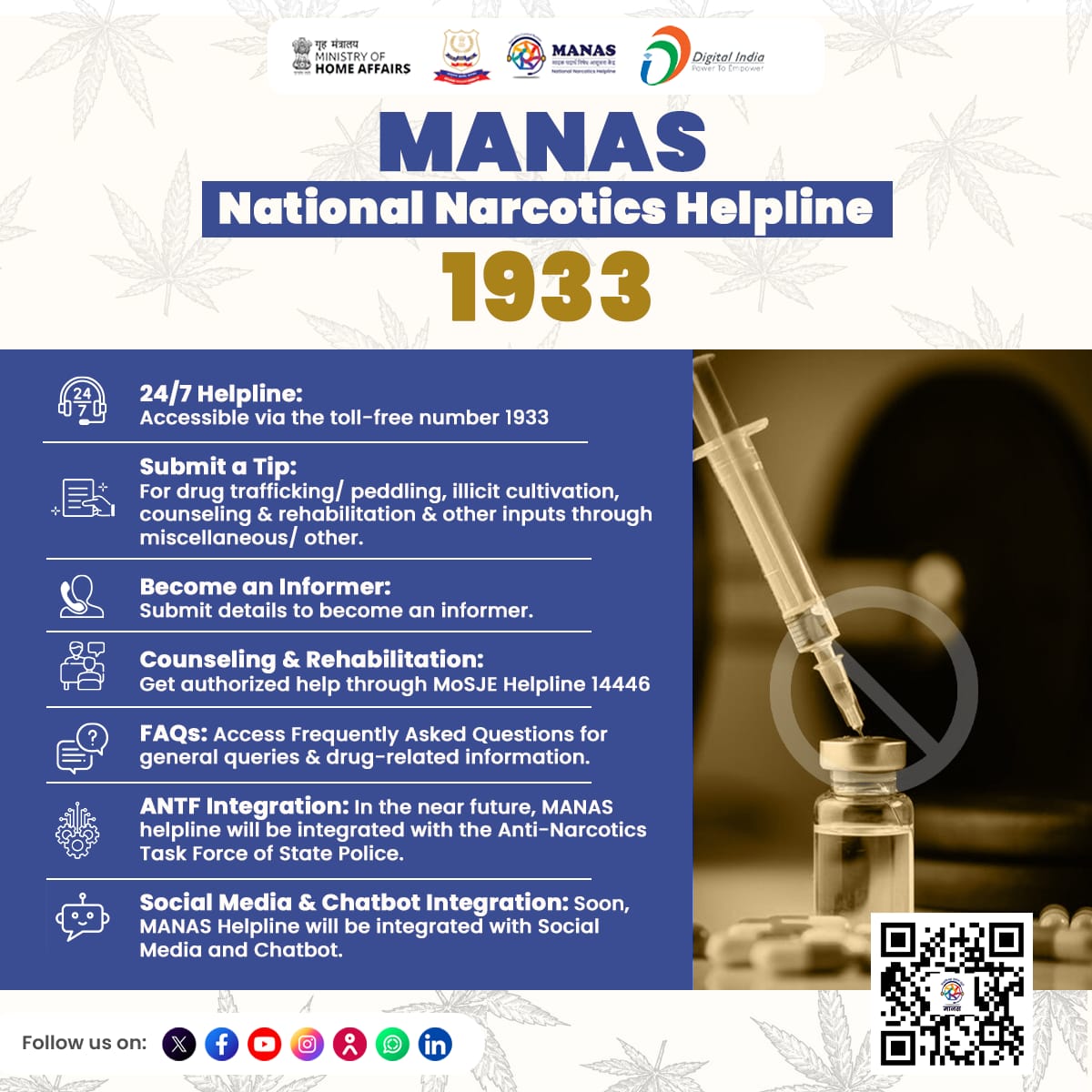 NCB’s MANAS - National Narcotics Helpline 1933 will soon be integrated with the ANTFs of State Police