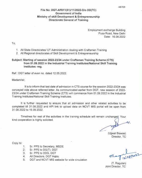 Starting of session 2022-23-24 under Craftsman Training Scheme(CTS) From01.09.2022