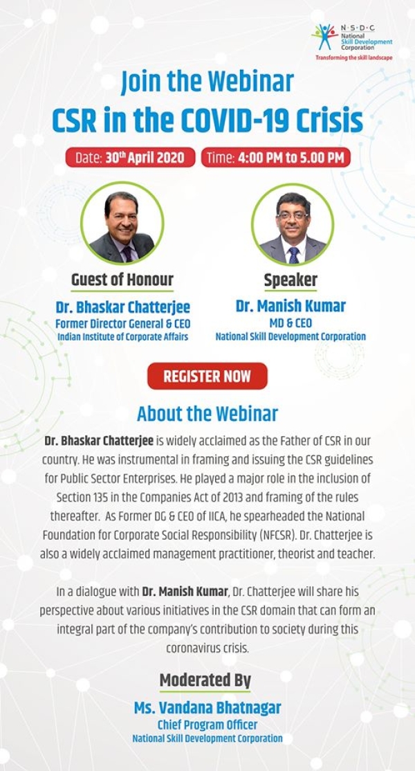 Don't forget to join the session by Dr Bhaskar Chatterjee, Former Director General & CEO, Indian Institute of Corporate Affairs & Dr. Manish Kumar, MD & CEO, NSDC,